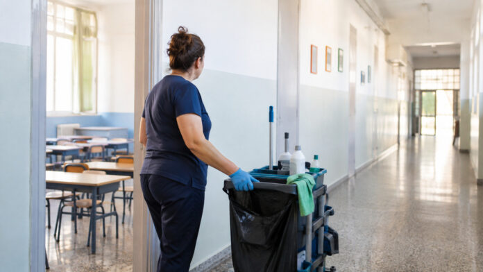 Εργαζόμενη καθαριότητας προετοιμάζει φωτεινό διάδρομο και αίθουσα σχολείου