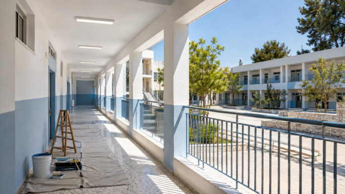 Εργασίες βαφής και συντήρησης σε φωτεινό σχολικό διάδρομο και αύλειο χώρο