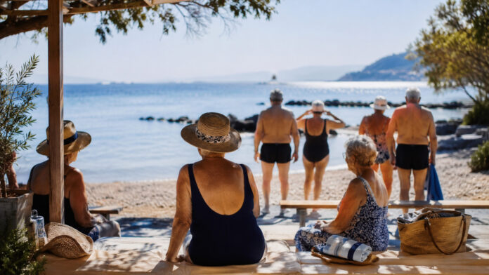 Ηλικιωμένοι σε οργανωμένη πρωινή εξόρμηση για θαλάσσιο μπάνιο