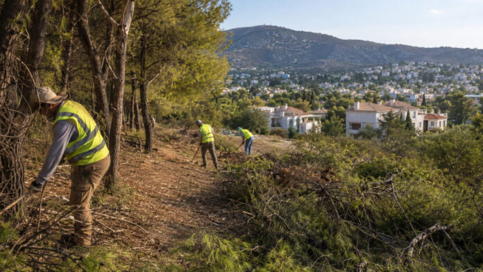 Συνεργεία απομακρύνουν ξηρά κλαδιά σε ζώνη πυροπροστασίας κοντά σε κατοικημένη περιοχή