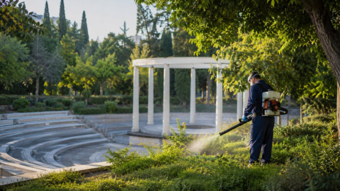 Εξειδικευμένος τεχνικός πραγματοποιεί προληπτικό ψεκασμό σε χώρο πρασίνου υπαίθριου θεάτρου