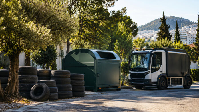 Μεταχειρισμένα ελαστικά δίπλα σε εξοπλισμό οργανωμένης συλλογής για ανακύκλωση