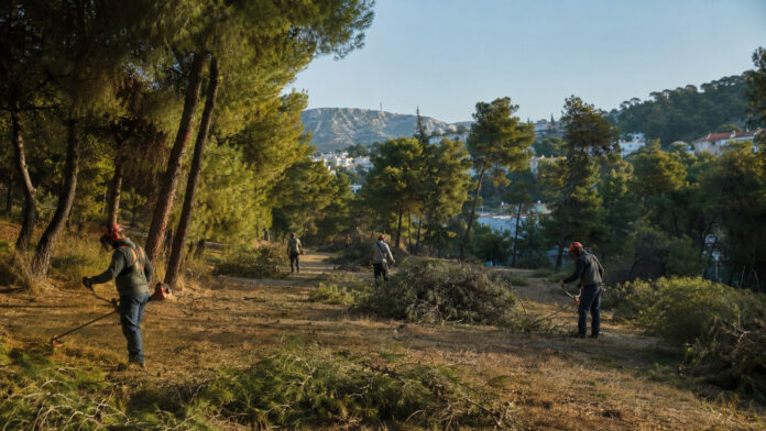 Συνεργεία καθαρίζουν ξερή βλάστηση σε περιαστική δασική έκταση της Πεντέλης