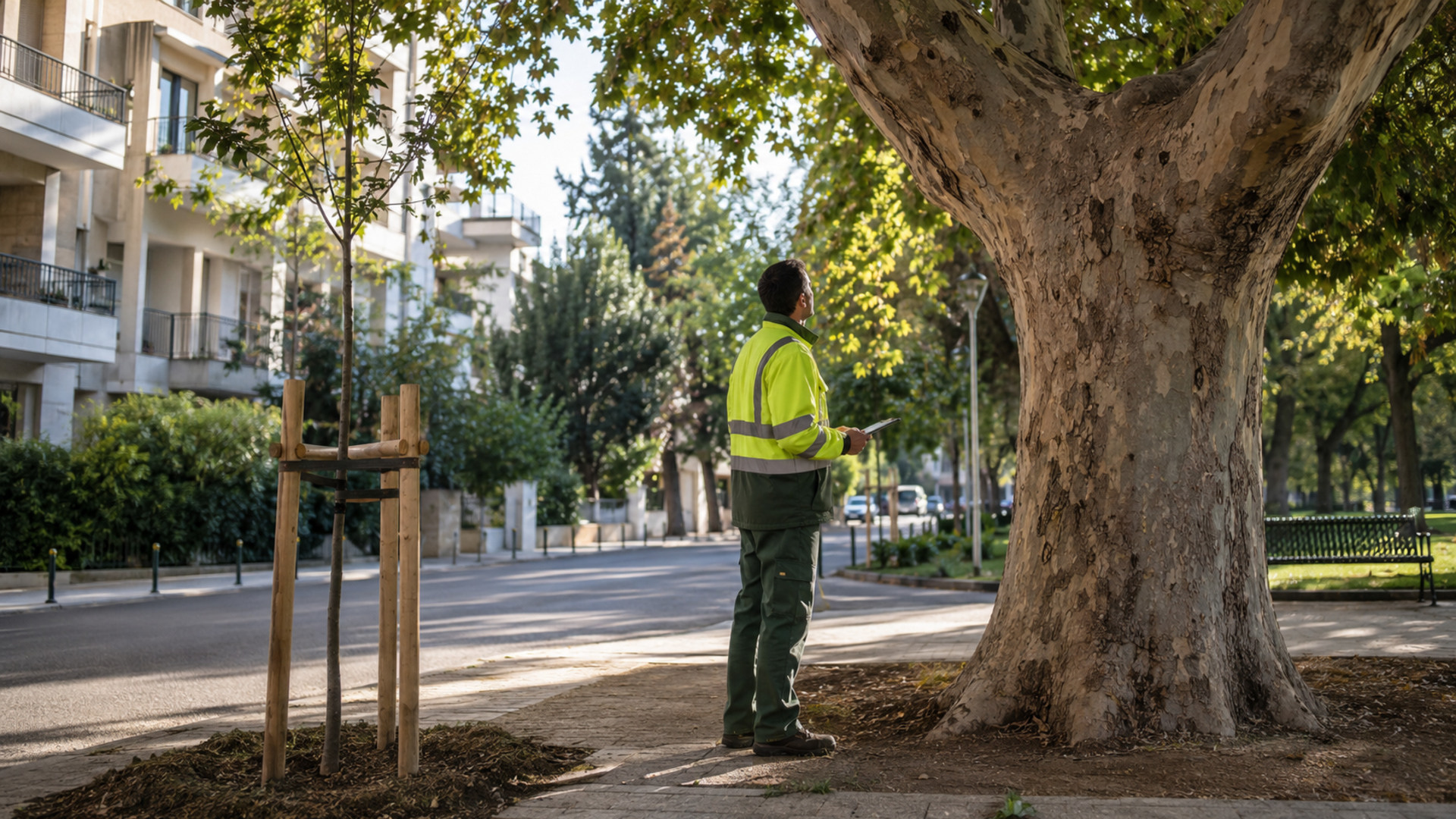 Δημοτικός γεωπόνος επιθεωρεί ώριμο δέντρο δίπλα σε νεαρή φύτευση σε κοινόχρηστο χώρο