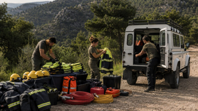 Εθελοντές οργανώνουν προστατευτικές στολές και εξοπλισμό πολιτικής προστασίας δίπλα σε όχημα περιπολίας