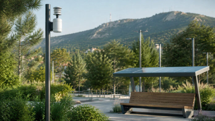 Έξυπνος σταθμός μέτρησης ποιότητας αέρα και ηλιακό παγκάκι σε πράσινο δημόσιο χώρο