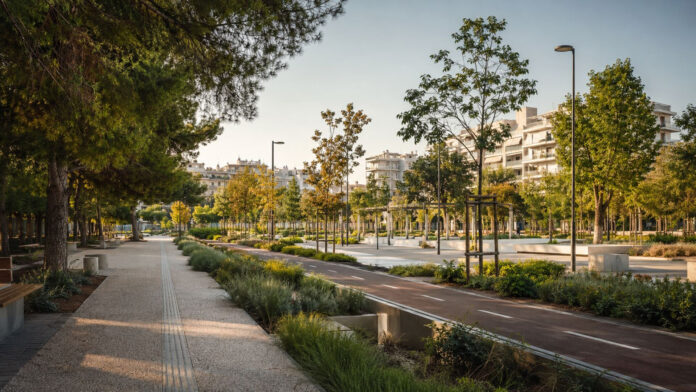 Αναβαθμισμένος αστικός χώρος πρασίνου με πεζόδρομο και προστατευμένο ποδηλατόδρομο