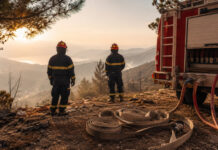 Πυροσβεστική: 27 αγροτοδασικές πυρκαγιές σε 24 ώρες Πυροσβέστες και πυροσβεστικό όχημα σε επιφυλακή σε ξηρό πευκόφυτο τοπίο