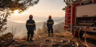 Πυροσβεστική: 27 αγροτοδασικές πυρκαγιές σε 24 ώρες Πυροσβέστες και πυροσβεστικό όχημα σε επιφυλακή σε ξηρό πευκόφυτο τοπίο