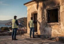 Σαλαμίνα: 22 πληγέντα κτίρια καταγράφηκαν στο Αιάντειο Μηχανικοί πραγματοποιούν έλεγχο σε κτίριο με ζημιές από πυρκαγιά