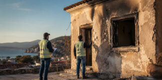 Σαλαμίνα: 22 πληγέντα κτίρια καταγράφηκαν στο Αιάντειο Μηχανικοί πραγματοποιούν έλεγχο σε κτίριο με ζημιές από πυρκαγιά