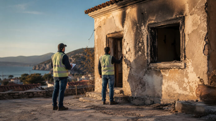 Μηχανικοί πραγματοποιούν έλεγχο σε κτίριο με ζημιές από πυρκαγιά