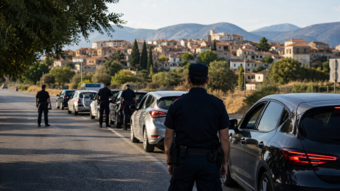 Αστυνομικός έλεγχος οχημάτων σε δρόμο μικρής ελληνικής πόλης