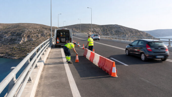 Εργαζόμενοι τοποθετούν κώνους για προσωρινή στένωση λωρίδων σε γέφυρα αυτοκινητοδρόμου