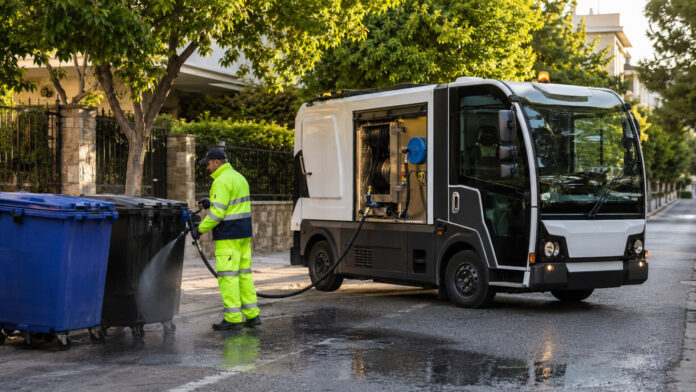 Μικρό ηλεκτρικό απορριμματοφόρο με σύστημα πλύσης κάδων σε καταπράσινο αστικό δρόμο