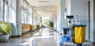 Βριλήσσια: Αναρτήθηκε ο τελικός πίνακας για τη σχολική καθαριότητα Εξοπλισμός καθαριότητας σε φωτεινό διάδρομο σχολικού κτιρίου