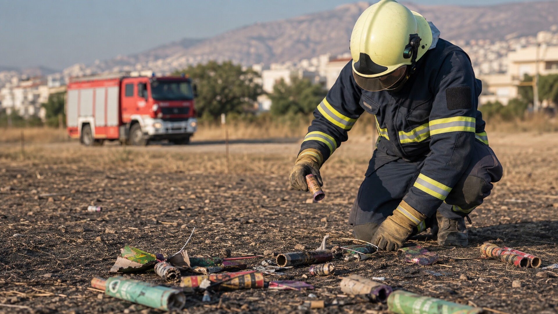 Πυροσβέστης ελέγχει υπολείμματα πυροτεχνημάτων σε ξηρό υπαίθριο χώρο