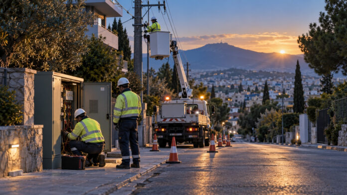 Συνεργείο ηλεκτρικού δικτύου εργάζεται με μέτρα ασφαλείας σε δρόμο της Αγίας Παρασκευής