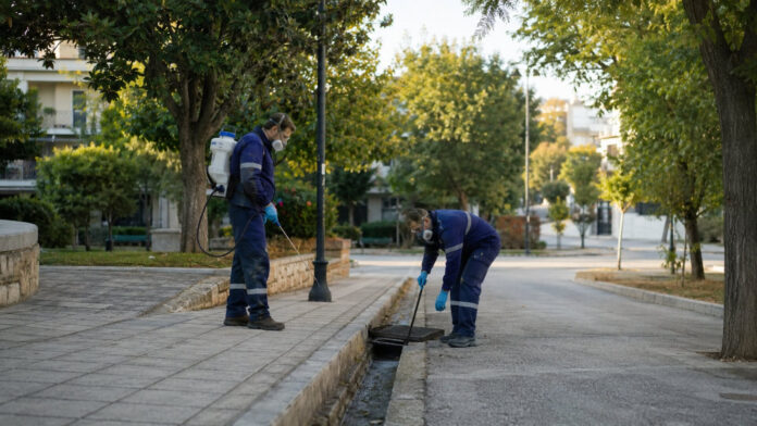 Συνεργείο δημόσιας υγείας πραγματοποιεί εφαρμογή διαχείρισης κουνουπιών σε φρεάτιο αστικής γειτονιάς