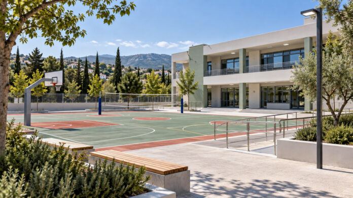 Αναβαθμισμένο σχολικό προαύλιο με αθλητικούς χώρους και προσβάσιμες διαδρομές