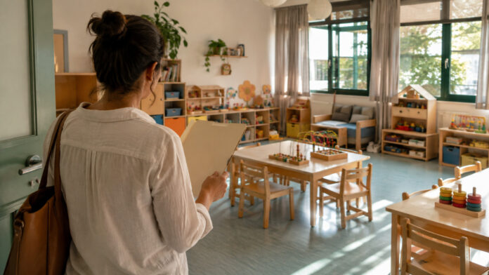 Γονέας με φάκελο σε φωτεινή αίθουσα βρεφονηπιακού σταθμού