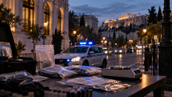 Βραδινός αστυνομικός έλεγχος σε δρόμο της Αθήνας με περιπολικό στο βάθος