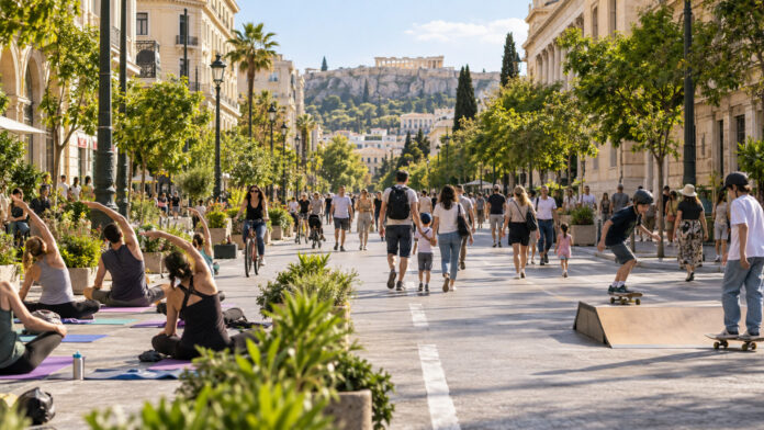 Πεζοί, ποδήλατα και υπαίθριες δραστηριότητες σε δρόμο χωρίς αυτοκίνητα στο κέντρο της Αθήνας