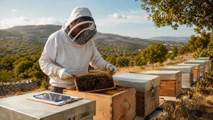 Μελισσοκόμος επιθεωρεί κυψέλες και καταγράφει στοιχεία μελισσοκομείου