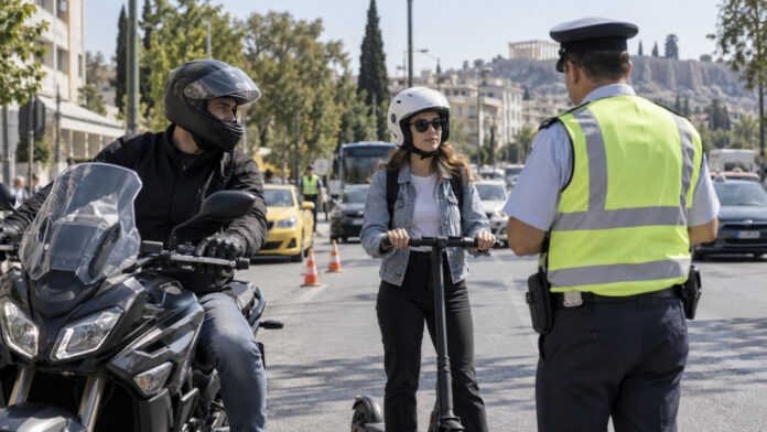 Οδηγοί μοτοσικλέτας και ηλεκτρικού πατινιού με κράνη σε τροχονομικό έλεγχο στην Αθήνα