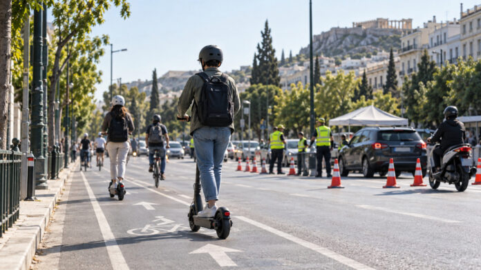 Αναβάτες ηλεκτρικών πατινιών με κράνη κινούνται σε αστικό ποδηλατόδρομο