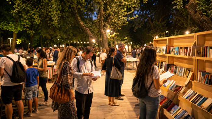 Επισκέπτες περιηγούνται σε υπαίθρια περίπτερα βιβλίων μέσα σε καταπράσινο αστικό πάρκο