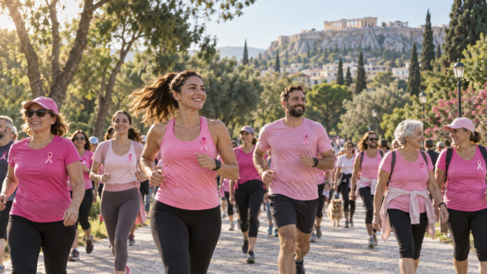 Δρομείς και περιπατητές σε δράση ευαισθητοποίησης μέσα σε καταπράσινο αστικό πάρκο