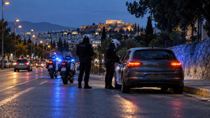 Αστυνομικοί πραγματοποιούν έλεγχο σε όχημα σε δρόμο της Αττικής
