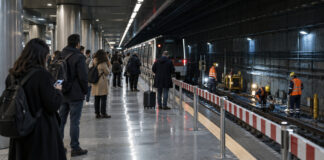 Μετρό Γραμμή 3: Τρεις σταθμοί κλείνουν στις 21:40 Επιβάτες σε αποβάθρα του μετρό ενώ συνεργείο πραγματοποιεί εργασίες συντήρησης στις γραμμές