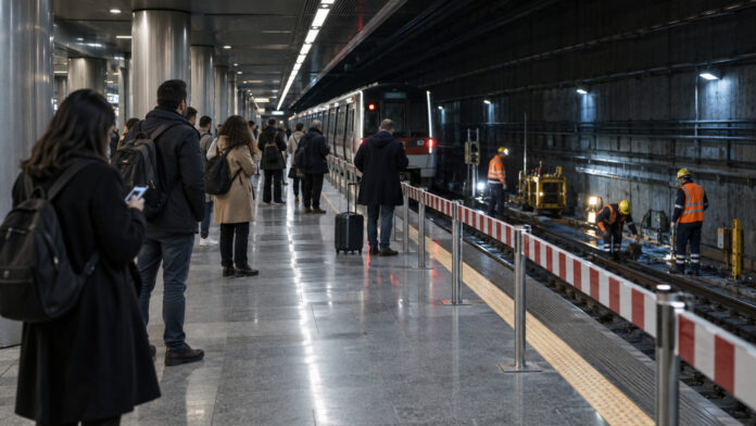 attiki-metro-grammi3-rythmiseis-20260921-0530-1920x1080-1 Επιβάτες σε αποβάθρα του μετρό ενώ συνεργείο πραγματοποιεί εργασίες συντήρησης στις γραμμές