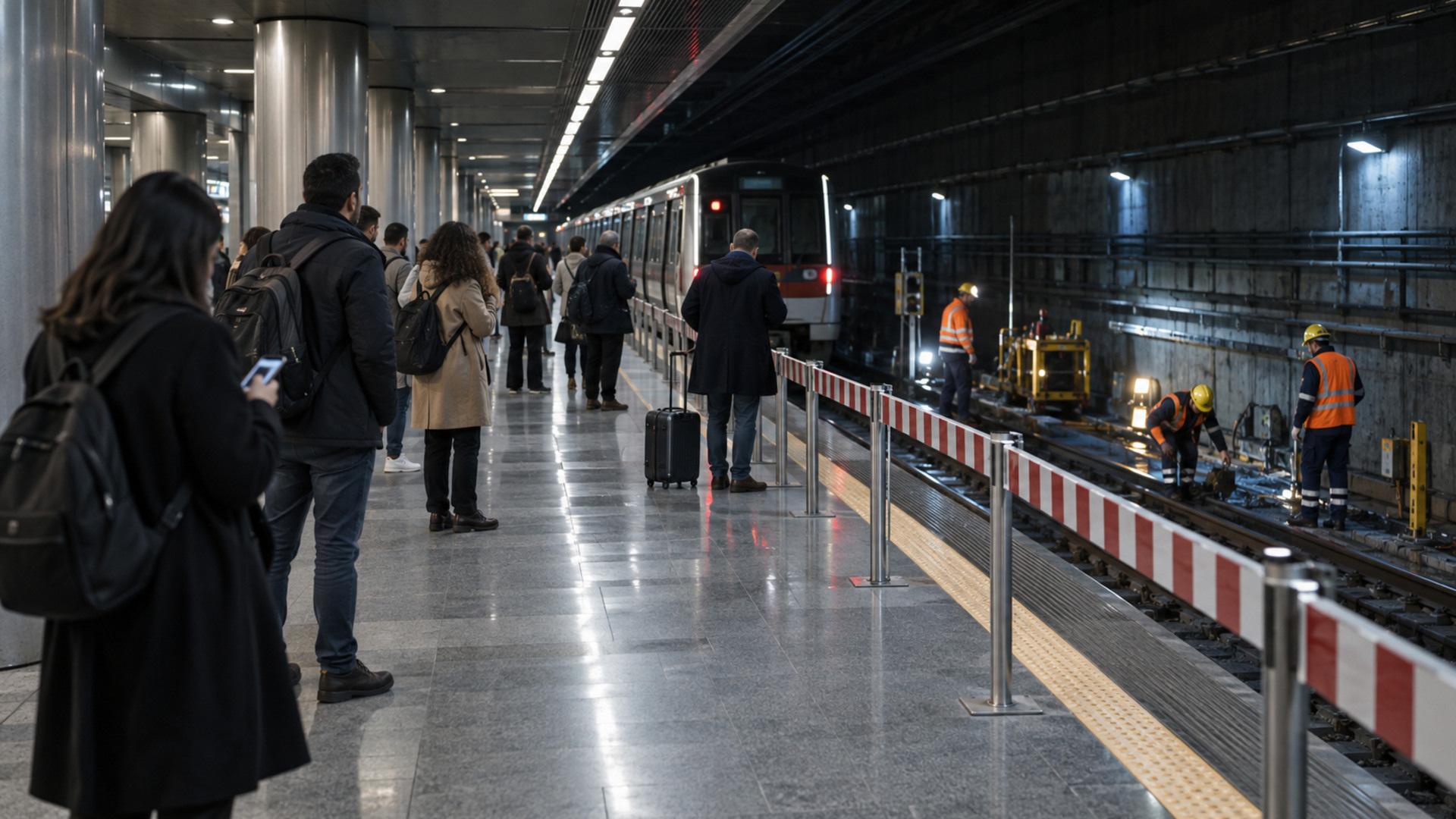 Επιβάτες σε αποβάθρα του μετρό ενώ συνεργείο πραγματοποιεί εργασίες συντήρησης στις γραμμές