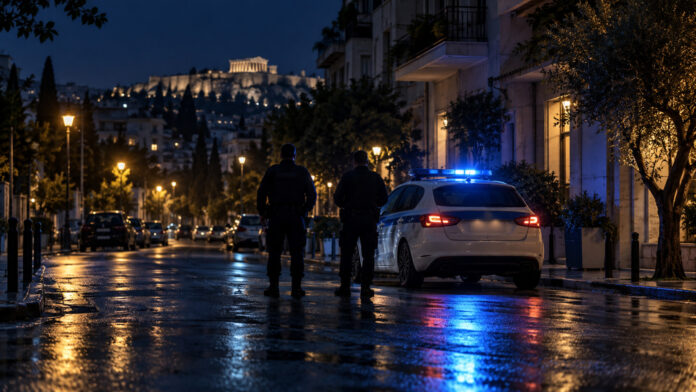Περιπολικό και αστυνομικοί σε νυχτερινό δρόμο της Αθήνας