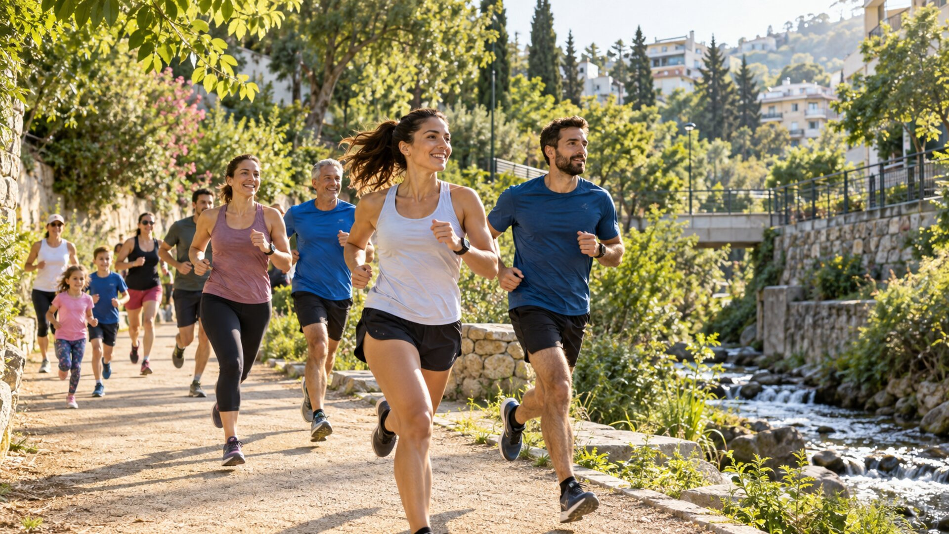 Δρομείς κινούνται σε πράσινη διαδρομή δίπλα σε ρέμα μέσα στην πόλη