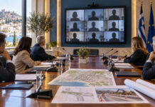Χαλάνδρι: 28 θέματα στη Δημοτική Επιτροπή στις 24 Σεπτεμβρίου Αίθουσα δημοτικής συνεδρίασης με οθόνη τηλεδιάσκεψης και φακέλους έργων