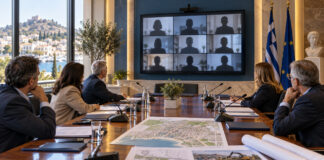 Χαλάνδρι: 28 θέματα στη Δημοτική Επιτροπή στις 24 Σεπτεμβρίου Αίθουσα δημοτικής συνεδρίασης με οθόνη τηλεδιάσκεψης και φακέλους έργων