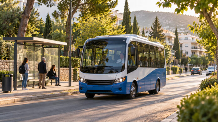 Δημοτικό λεωφορείο σε δεντροφυτεμένο δρόμο των βορείων προαστίων