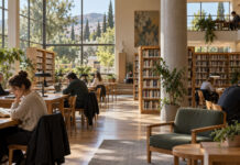 Χαλάνδρι: Η Δημοτική Βιβλιοθήκη ανοίγει Δευτέρες 10:00–19:00 Φωτεινό αναγνωστήριο δημοτικής βιβλιοθήκης με βιβλιοθήκες και τραπέζια μελέτης