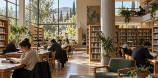 Χαλάνδρι: Η Δημοτική Βιβλιοθήκη ανοίγει Δευτέρες 10:00–19:00 Φωτεινό αναγνωστήριο δημοτικής βιβλιοθήκης με βιβλιοθήκες και τραπέζια μελέτης