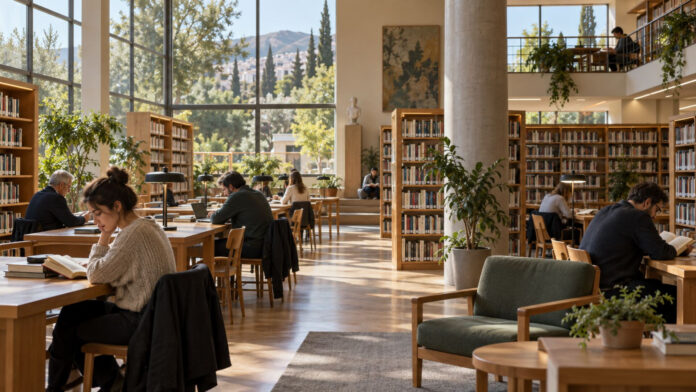 Φωτεινό αναγνωστήριο δημοτικής βιβλιοθήκης με βιβλιοθήκες και τραπέζια μελέτης