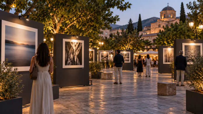 Υπαίθρια έκθεση φωτογραφίας σε φωτισμένη πλατεία