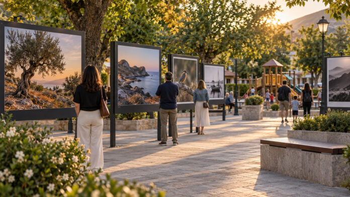 Υπαίθρια έκθεση φωτογραφίας σε καταπράσινη πλατεία με επισκέπτες