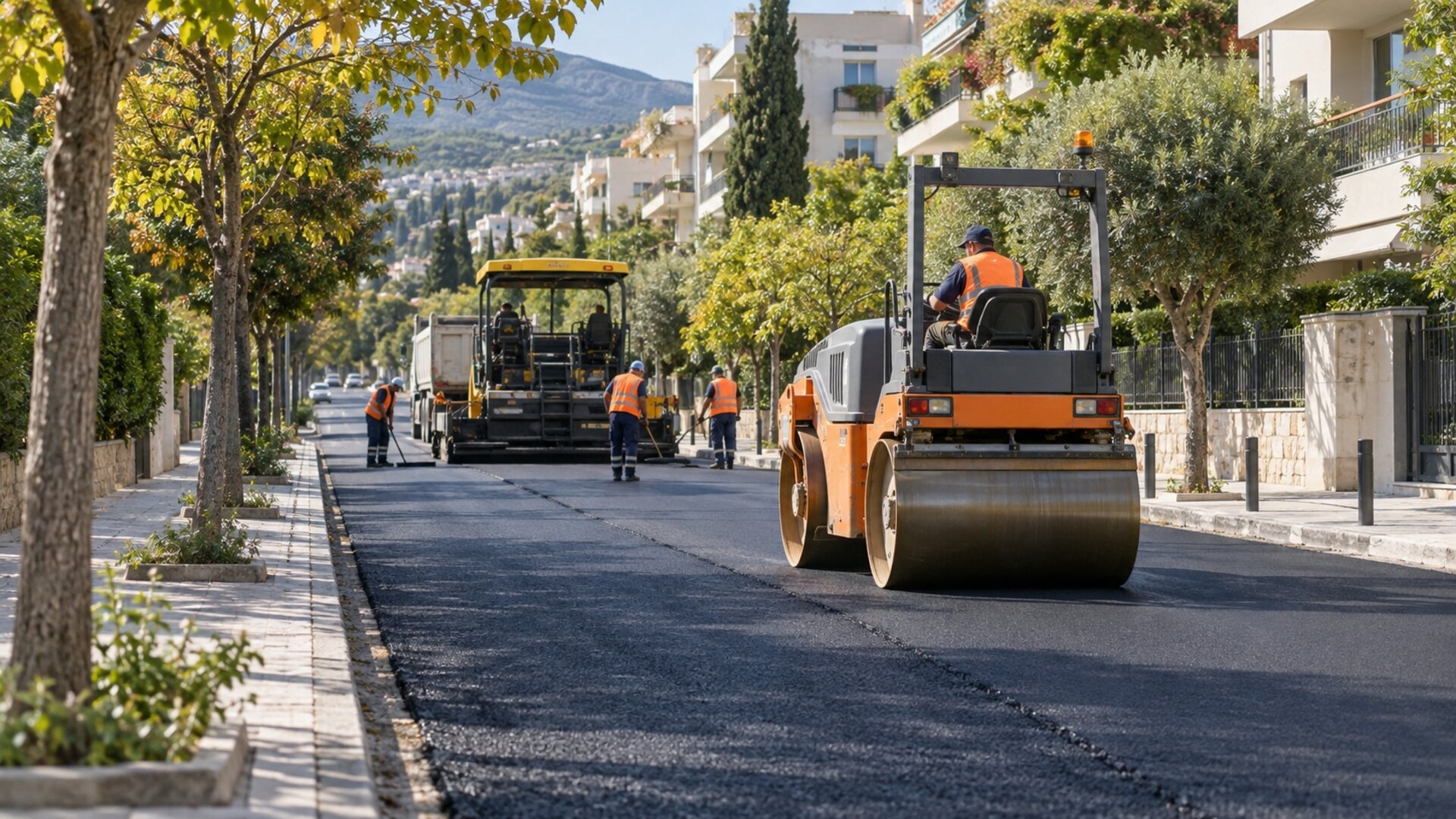 Εργασίες ασφαλτόστρωσης σε αστικό δρόμο με οδοστρωτήρα και συνεργείο