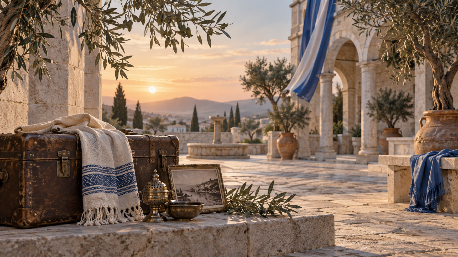 Συμβολική σύνθεση μνήμης του Προσφυγικού Ελληνισμού με ταξιδιωτικό μπαούλο και γαλανόλευκο ύφασμα
