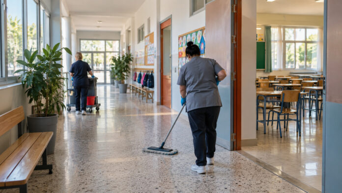 Εργαζόμενες καθαριότητας προετοιμάζουν σχολικό διάδρομο και αίθουσες για τη νέα χρονιά