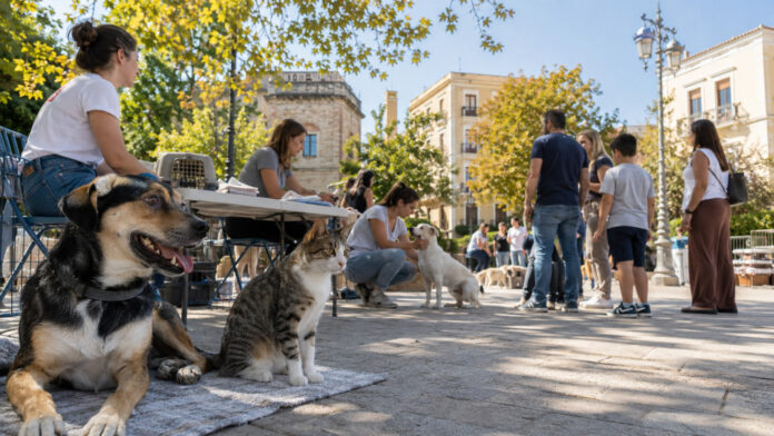 Σκύλος και γάτα σε υπαίθρια δράση υιοθεσίας ζώων σε πλατεία